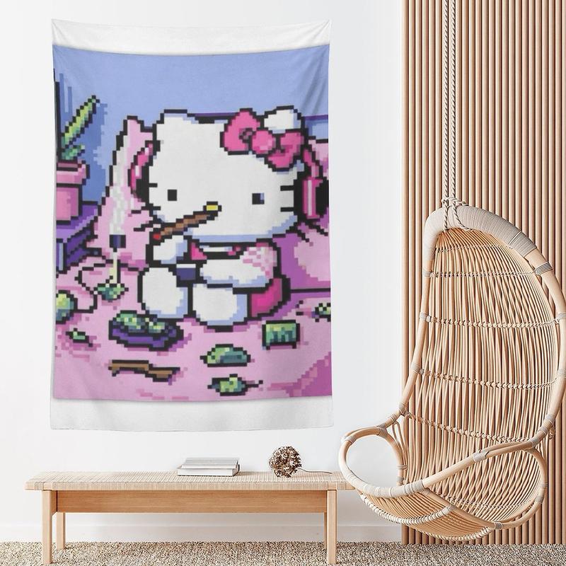 Hello-Kitty Funny Cartoon Tapestry Cute Anime Banner Decoration Bedroom Living Room Dormitory Office Party Birthday Gift