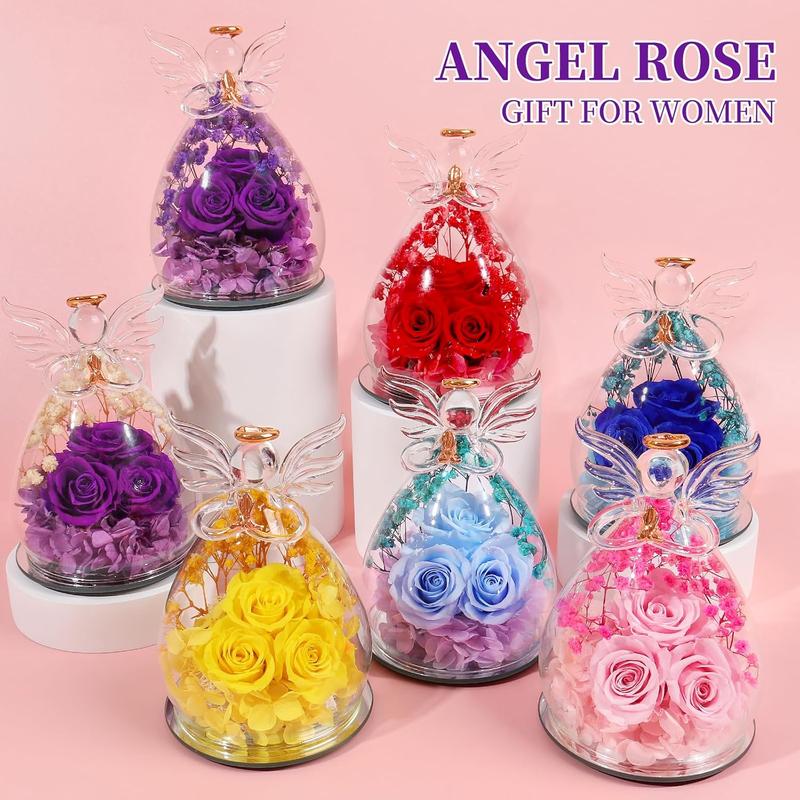 Angel Rose Gifts for Women Mom Christmas Birthday Gifts for Grandma, Xmas Mom Wife Gifts from Daughter Son, Preserved Rose in Glass Angel Figurine Dried Preserved Flower Gifts for Her Purple