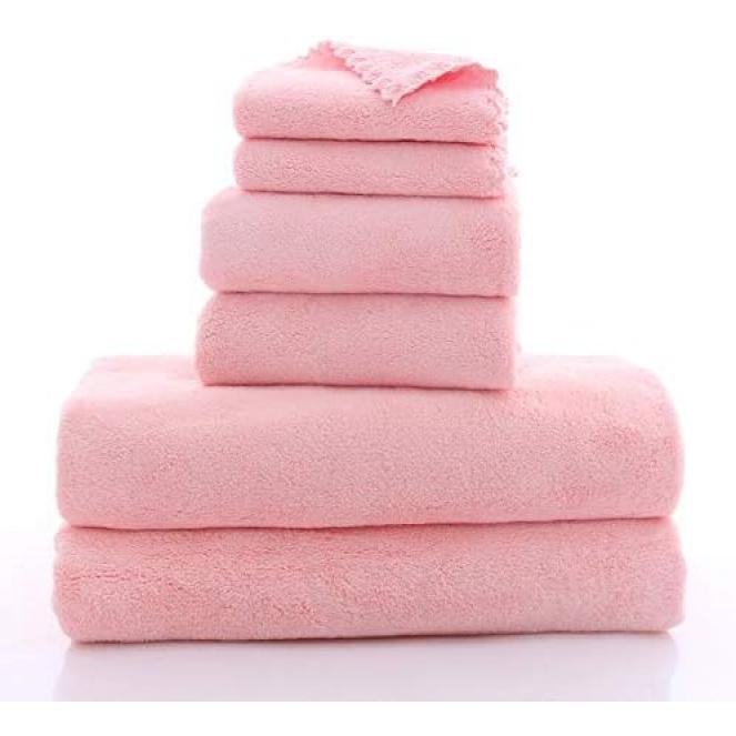 Ultra Soft Towel Set - Quick Drying - 2 Bath Towels 2 Hand Towels 2 Washcloths - Microfiber Coral Velvet Highly Absorbent Towel for Fitness, Bathroom, Sports, Yoga, Travel (Pink, 6 Pcs)