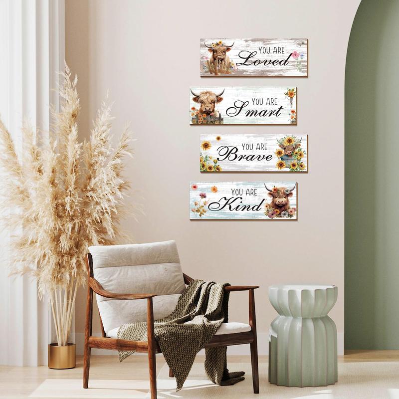 Letter & Highland Cow & Flower Pattern Wooden Sign, 4pcs set Rustic Farmhouse Wall Art Plaque, Wall Decor for Home Living Room Bedroom Bathroom Kitchen