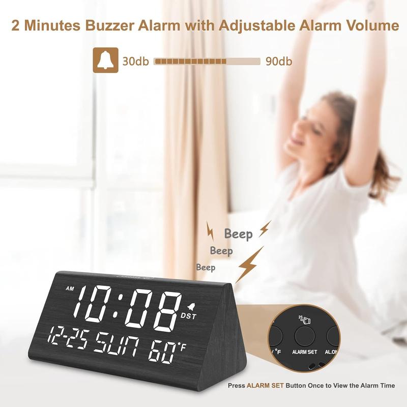 Digital Alarm Clocks for Bedrooms - Wooden Electric Clock, Date, Weekday, Temperature, 0- Brightness, Adjustable Alarm Volume,Housewarming Gift Decor cubo clock