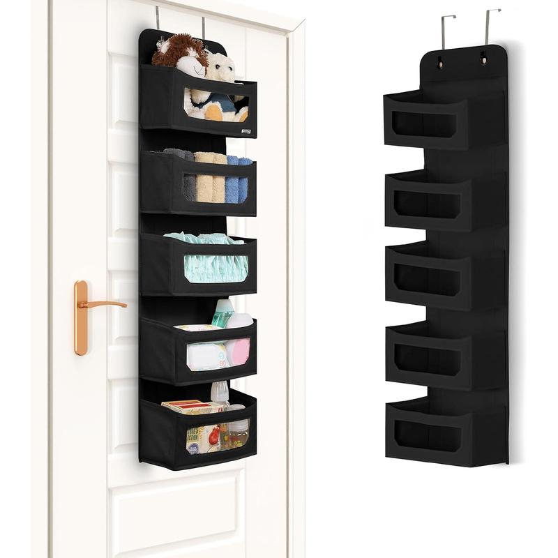 Hanging Closet Organizer, Over The Door Storage with Compartments, Over The Door Pantry Organizer, Hanging Organizers for Sweaters (5 Pockets, Black)