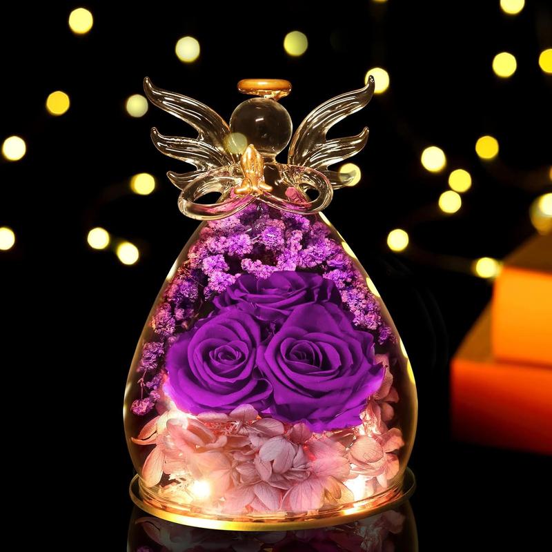 Angel Rose Gifts for Women Mom Christmas Birthday Gifts for Grandma, Xmas Mom Wife Gifts from Daughter Son, Preserved Rose in Glass Angel Figurine Dried Preserved Flower Gifts for Her Purple