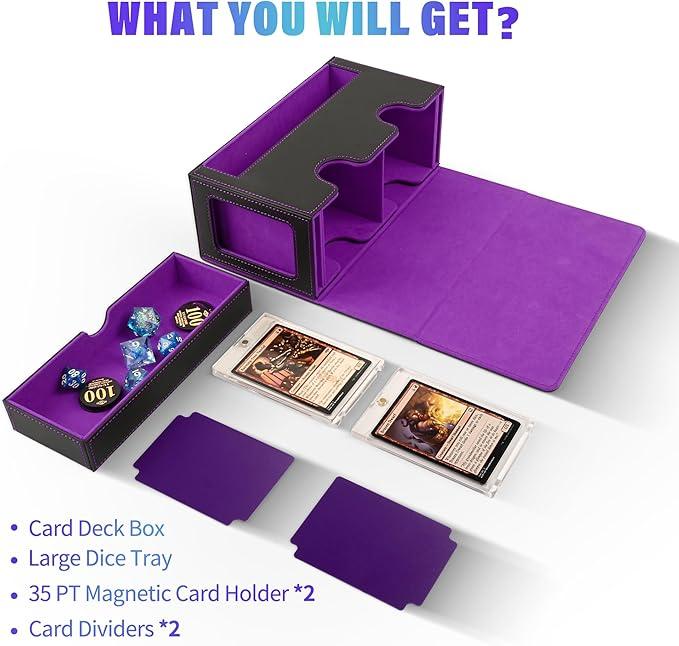 TCG Deck Box with 2 Commander Display and Dice Tray-Patented Design, Double Deck Box for 320+ Single Sleeved Cards, Leather Magnetic Card Storage Box Fits for  CCG Magic Cards