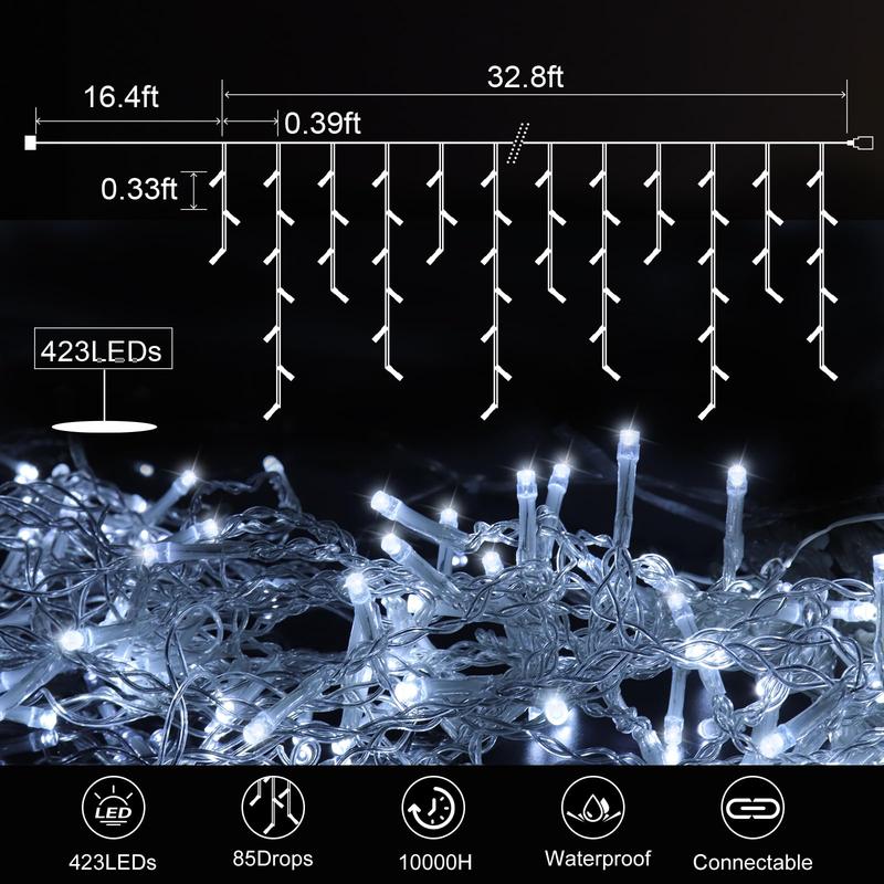 PEMOTech Icicle Lights for Outside - 32.8FT 432 LED Christmas Lights with Remote, 8 Modes, Waterproof for House Decorations Ornaments