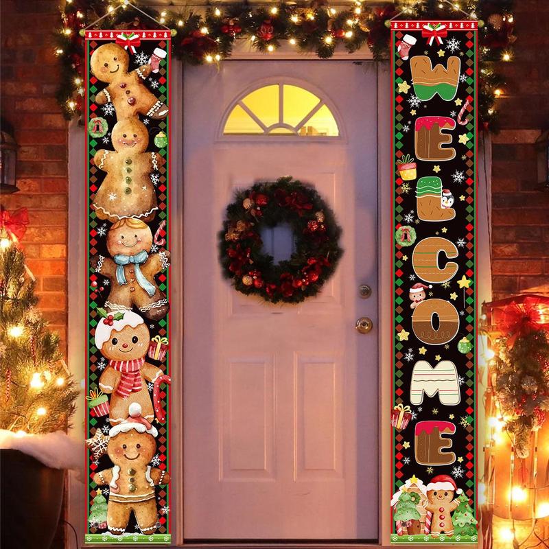 Merry Christmas Door Porch Banner, 1 Count Gingerbread Cookies Christmas Tree Hanging Porch Sign, Creative Welcome Front Door Banners for New Year Christmas