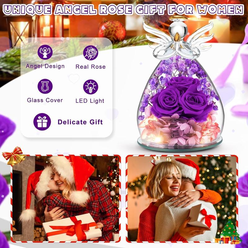 Angel Rose Gifts for Women Mom Christmas Birthday Gifts for Grandma, Xmas Mom Wife Gifts from Daughter Son, Preserved Rose in Glass Angel Figurine Dried Preserved Flower Gifts for Her Purple