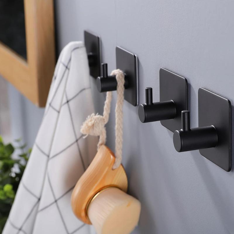 Adhesive Hooks Towel Hook - Wall Hooks Stick on Hooks Heavy Duty for Hanging Towels Coat Hat Bag in Bathroom, Bedroom, Dorm, SUS-304 Stainless Steel Matte Black 4 Packs Organiser Hangable Hangers