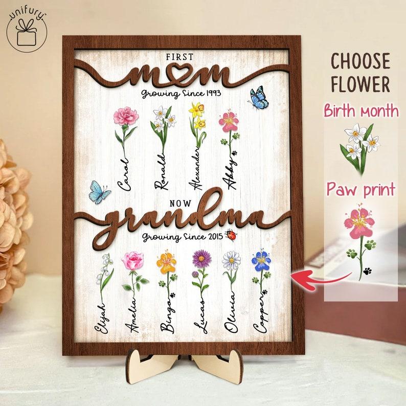 Personalized Flower Birth Month Garden Wooden Sign Frame, First Mom Now Grandma Sign, Gift For Mom Gift For Grandma With Kids Names