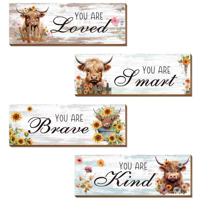 Letter & Highland Cow & Flower Pattern Wooden Sign, 4pcs set Rustic Farmhouse Wall Art Plaque, Wall Decor for Home Living Room Bedroom Bathroom Kitchen