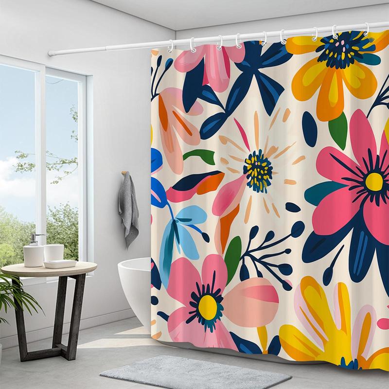 Floral Print Shower Curtain, Boho Style Bathroom Curtain with 12pcs Hooks, Waterproof Fabric Shower Curtain for Home Bathroom Decor