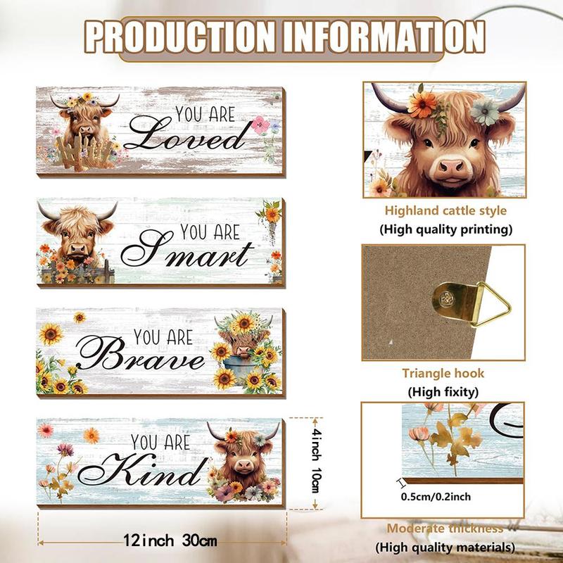 Letter & Highland Cow & Flower Pattern Wooden Sign, 4pcs set Rustic Farmhouse Wall Art Plaque, Wall Decor for Home Living Room Bedroom Bathroom Kitchen