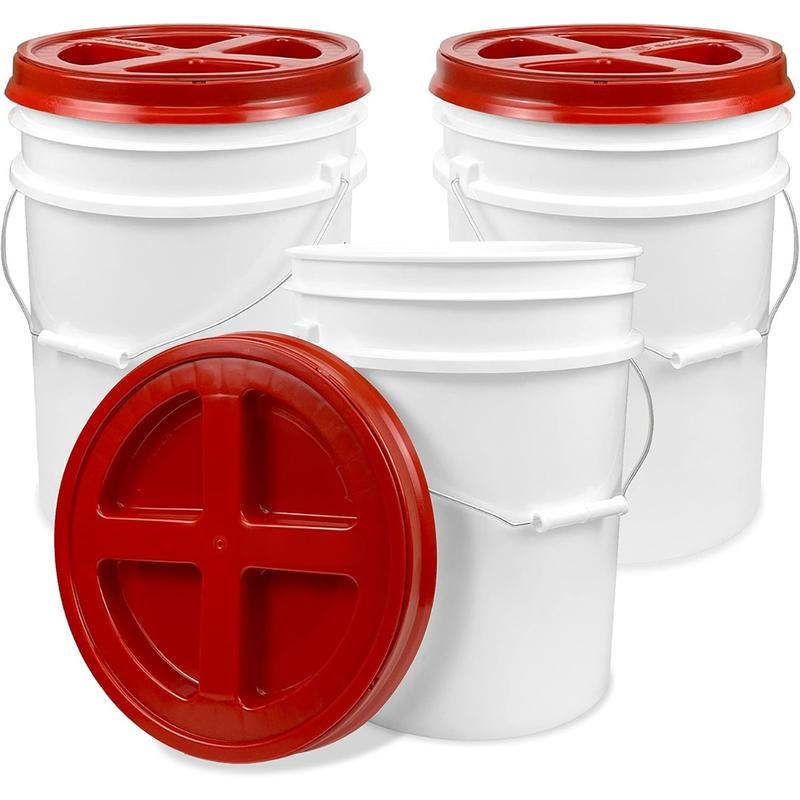 5 Gallon White Bucket with Red Gamma Seal Screw on Airtight Lid (3 Count), Food Grade Storage, Premium HPDE Plastic, BPA Free, Durable 90 Mil All Purpose Pail, Made in USA Cleaning Kitchen Laundry Laundry Laundry