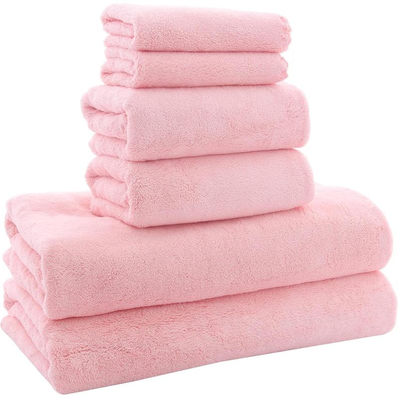 Ultra Soft Towel Set - Quick Drying - 2 Bath Towels 2 Hand Towels 2 Washcloths - Microfiber Coral Velvet Highly Absorbent Towel for Fitness, Bathroom, Sports, Yoga, Travel (Pink, 6 Pcs)