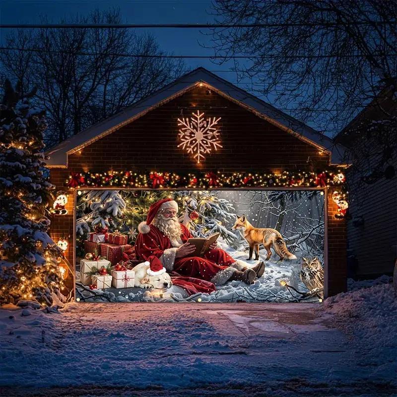 Christmas Themed Garage Door Cover, 1 Count Santa Claus Pattern Garage Door Banner, Festive & Party Supplies for Home & Warehouse