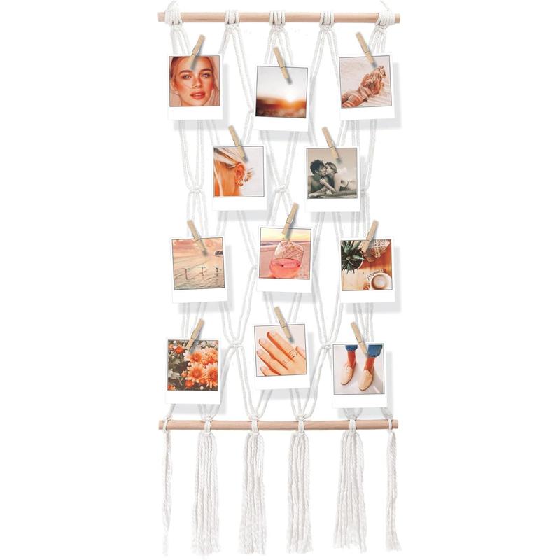 Hanging Photo Display Macrame Wall Boho Decor with Clips - Sculptural Picture Frames Collage Card Holder for Bedroom - 20 Clips - 1 Non-Trace Hook - No Holes Drilling - 33 x 15 inch