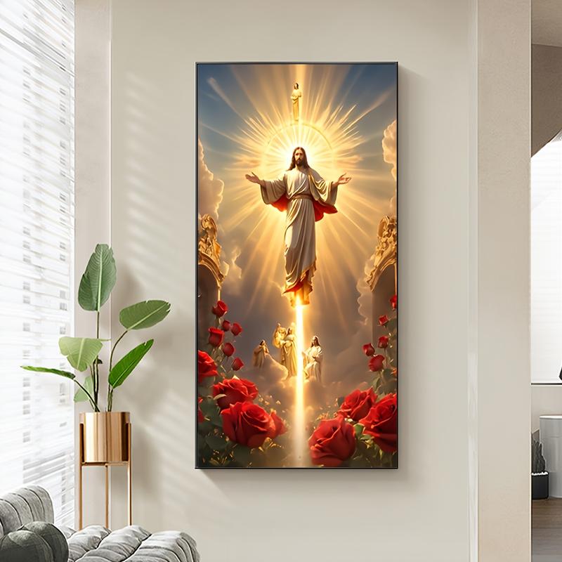 1 large HD Jesus canvas poster, Religious wall art picture, Jesus Picture Home Decoration Ascension Scene with Angels and Roses, Spiritual Living Room bedroom artwork, frameless Christian holiday gift, Eid al-Mubarak, frameless