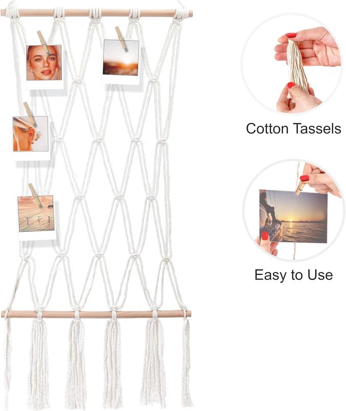 Hanging Photo Display Macrame Wall Boho Decor with Clips - Sculptural Picture Frames Collage Card Holder for Bedroom - 20 Clips - 1 Non-Trace Hook - No Holes Drilling - 33 x 15 inch