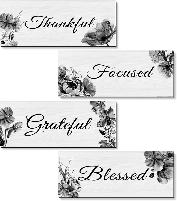 Black Wall Decoration for Living Room, Bedroom, Thankful Inspirational Signs, Wooden Wall Art Decorations 4pcs Print Kitchen Photo Poster Flowers