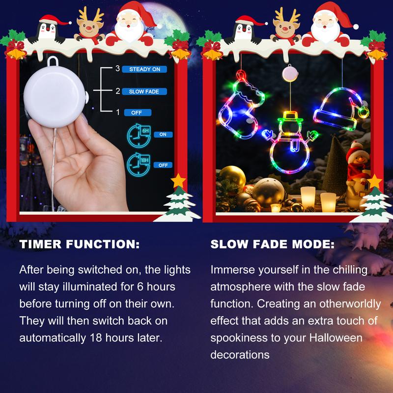 LOLStar Christmas Window Lights, 3 Pack Multicolor Christmas Stocking, Snowman,Santa Hat Lights With Suction Cup, Timer Function And Slow Fade Mode BatteryOperated Lights For Christmas Decoration