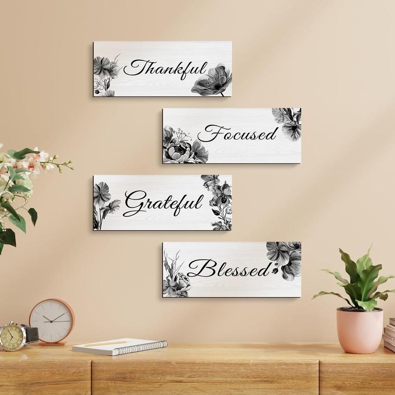 Black Wall Decoration for Living Room, Bedroom, Thankful Inspirational Signs, Wooden Wall Art Decorations 4pcs Print Kitchen Photo Poster Flowers