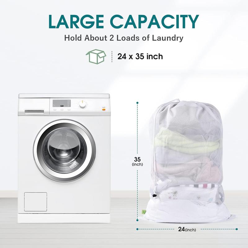 Large Mesh Laundry Bag Drawstring 35 x 24 Inch Laundry Bags Washing Machine 2 Pack Heavy Duty Mesh Washing Bag Dirty Clothes Travel Bag Storage Organizer for Home Dorm Camp Hotel Beach, White