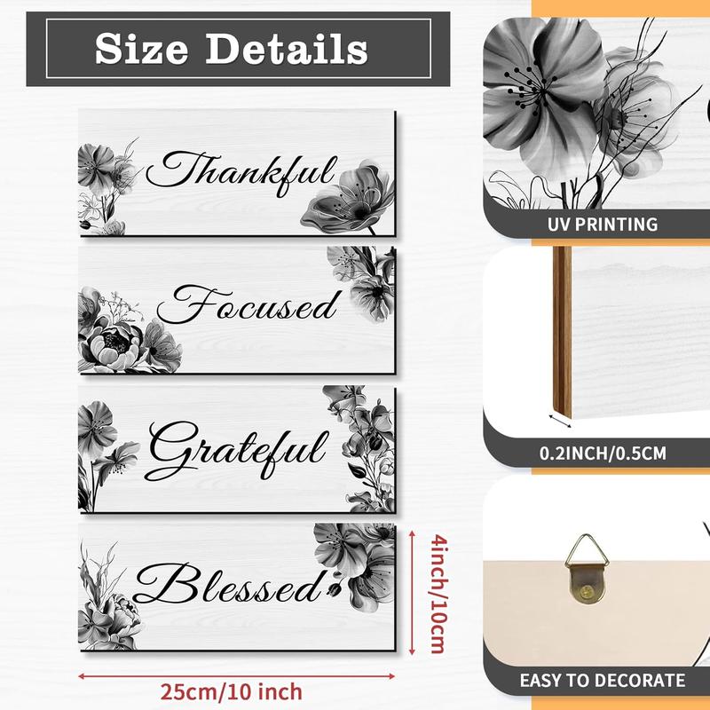 Black Wall Decoration for Living Room, Bedroom, Thankful Inspirational Signs, Wooden Wall Art Decorations 4pcs Print Kitchen Photo Poster Flowers