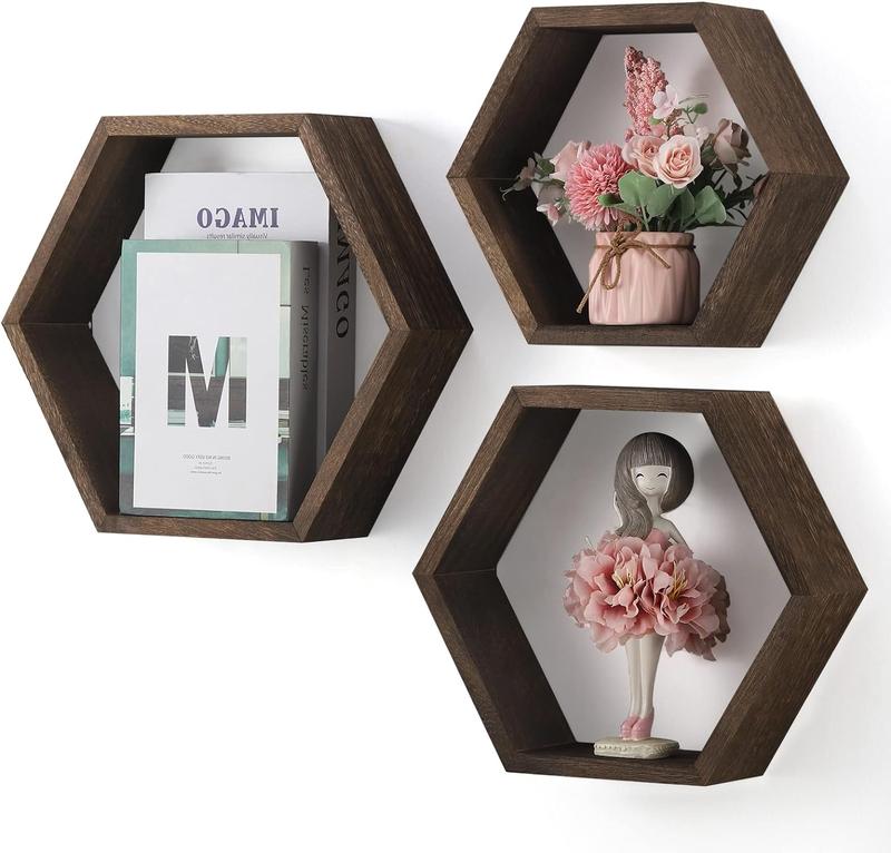 Hexagonal Shelf 3 Packs Wall Mounted Shelves Wooden Display Shelf for Wall Installation Bathroom Kitchen Bedroom Living Room Office Decor , Brown