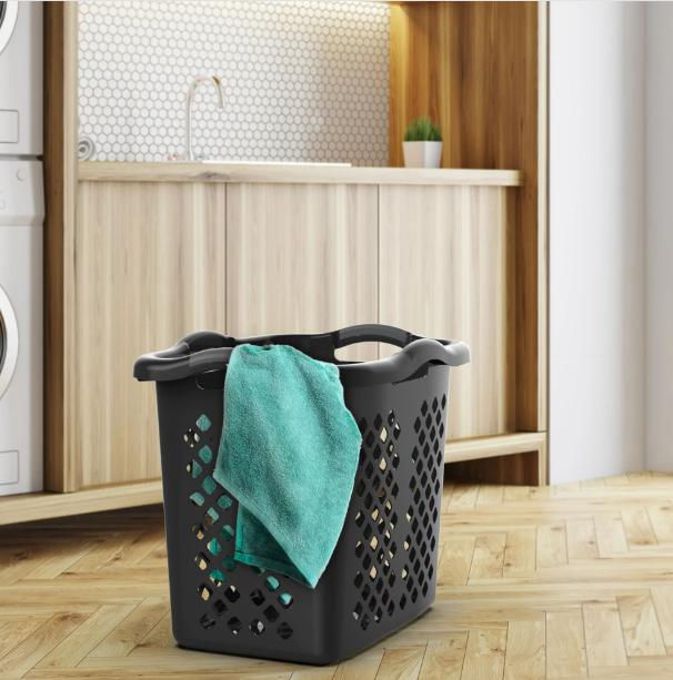 Home Logic 2 Bushel Lamper Plastic Laundry Basket with Silver Handles, Black, Adult   Tween Organiser