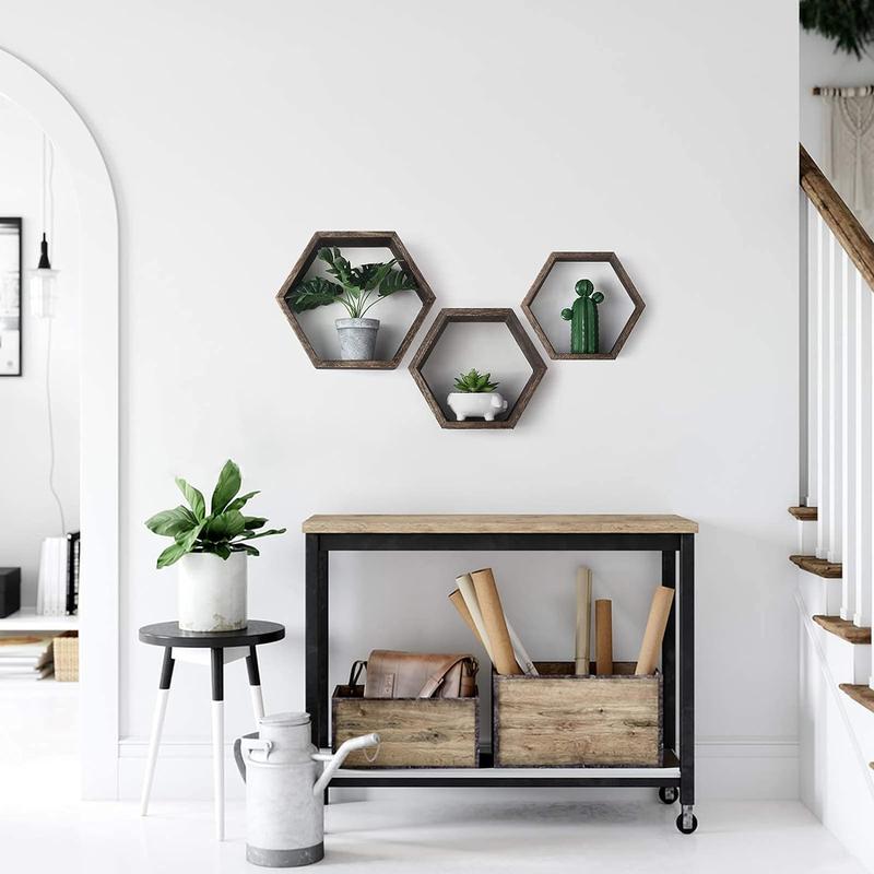 Hexagonal Shelf 3 Packs Wall Mounted Shelves Wooden Display Shelf for Wall Installation Bathroom Kitchen Bedroom Living Room Office Decor , Brown