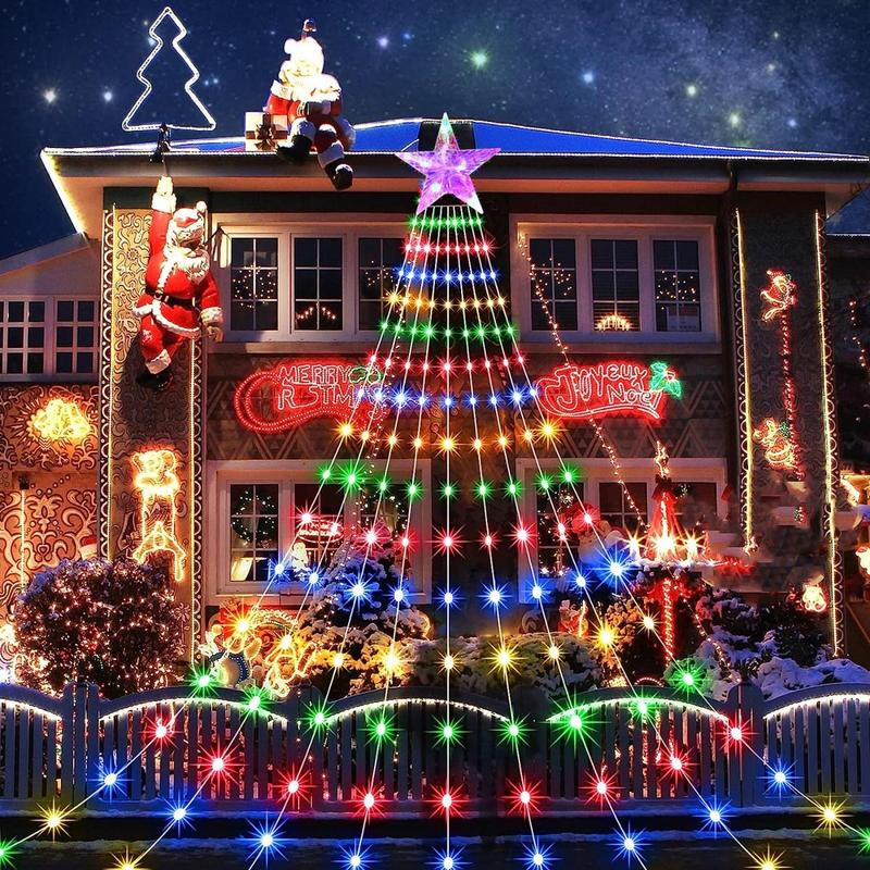 200 LEDs Five-pointed Star Christmas Lights, 200cm 78.74in USB Powered 8 Modes Waterfall Light, Indoor & Outdoor Colorful Light for Game Room, Bedroom, Christmas, Xmas Tree, Garden