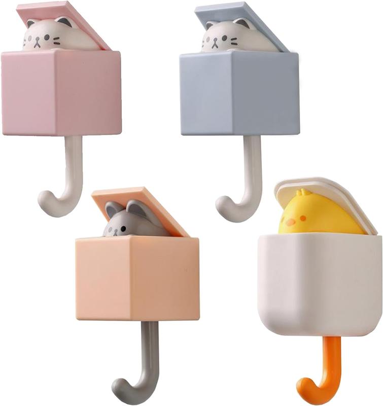 Cat Hooks- 4 Pack Cat Key Hook for Wall,Cute Room Decor Creative Adhesive Coat Hook,Wall Mounted Adhesive Hook Mouse Cat Hooks for Coat, Scarf, Hat, Towel, Key Holder for Wall Hanging Decor Organiser Pet