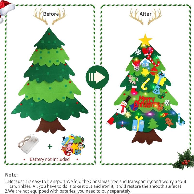 Felt Christmas Tree with Detachable Ornaments, 26 32pcs Christmas Tree & Battery Powered Light String without Battery, DIY Handicrafts Festival Wall Decoration