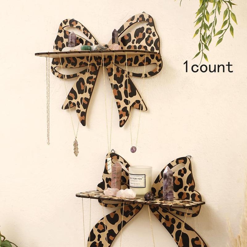 Wooden Bow Design Wall Hanging Jewelry Holder, 1 Count Leopard Print Wall Mounted Jewelry Display Rack, Home Decor for Bedroom, Living Room, Vanity