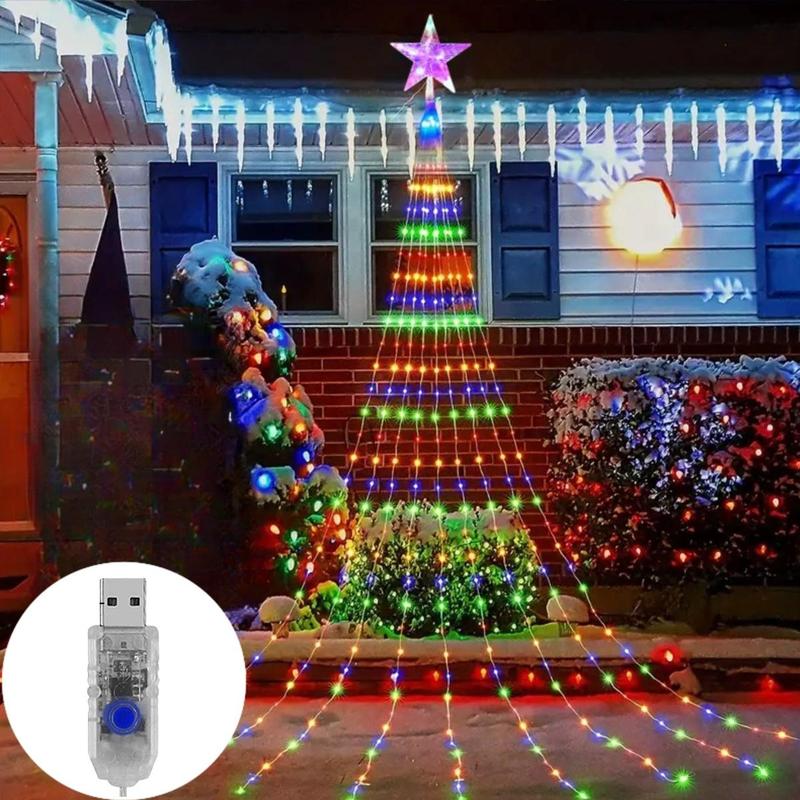 200 LEDs Five-pointed Star Christmas Lights, 200cm 78.74in USB Powered 8 Modes Waterfall Light, Indoor & Outdoor Colorful Light for Game Room, Bedroom, Christmas, Xmas Tree, Garden