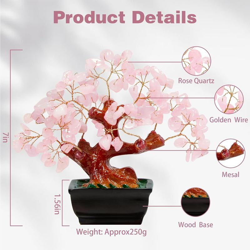 Feng Shui Natural Rose Pink Quartz Crystal Money Tree Bonsai Style Decoration for Wealth and Luck