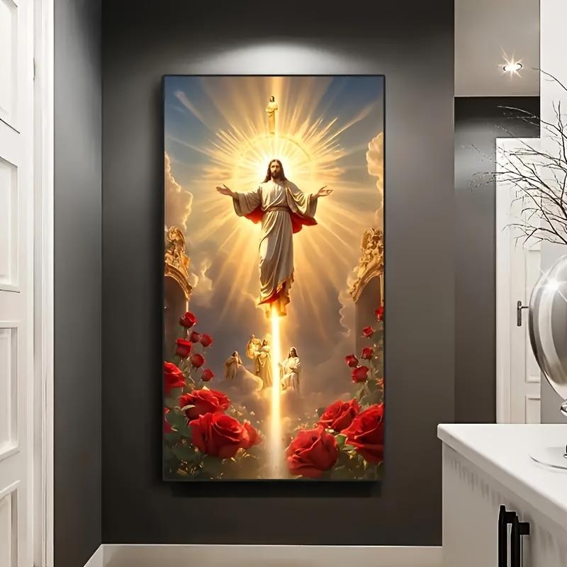 1 large HD Jesus canvas poster, Religious wall art picture, Jesus Picture Home Decoration Ascension Scene with Angels and Roses, Spiritual Living Room bedroom artwork, frameless Christian holiday gift, Eid al-Mubarak, frameless