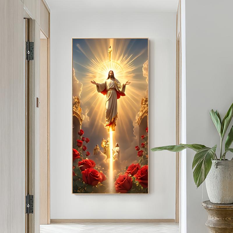 1 large HD Jesus canvas poster, Religious wall art picture, Jesus Picture Home Decoration Ascension Scene with Angels and Roses, Spiritual Living Room bedroom artwork, frameless Christian holiday gift, Eid al-Mubarak, frameless