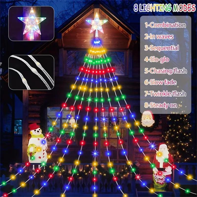 200 LEDs Five-pointed Star Christmas Lights, 200cm 78.74in USB Powered 8 Modes Waterfall Light, Indoor & Outdoor Colorful Light for Game Room, Bedroom, Christmas, Xmas Tree, Garden