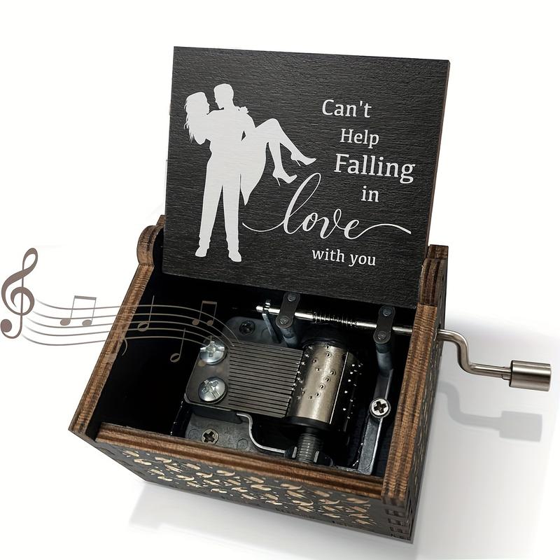 1pc Can't Help Falling In Love Music Box, For Lover Girlfriend Boyfriend Wife Husband Hand Crank Engraved Wooden Musical Boxes Gifts For Birthday Anniversary Valentine's Day, For Home Room Living Room Office Decor