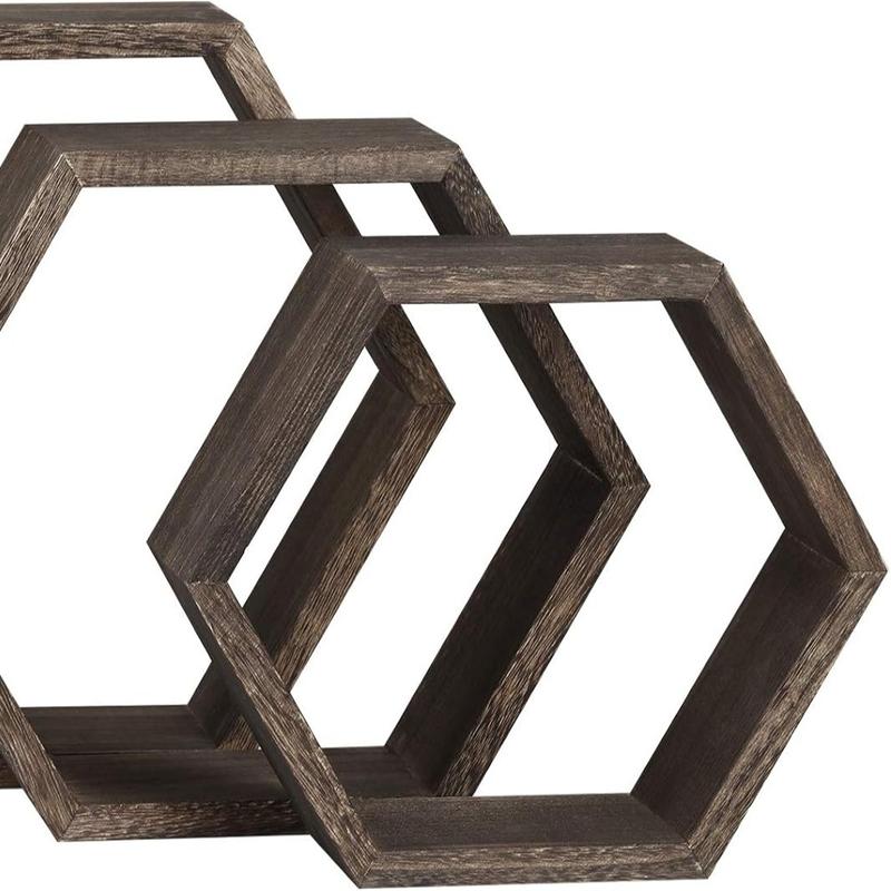 Hexagonal Shelf 3 Packs Wall Mounted Shelves Wooden Display Shelf for Wall Installation Bathroom Kitchen Bedroom Living Room Office Decor , Brown