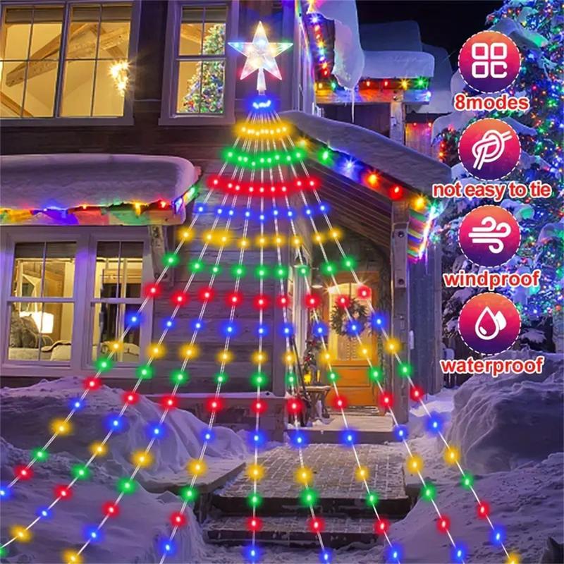 200 LEDs Five-pointed Star Christmas Lights, 200cm 78.74in USB Powered 8 Modes Waterfall Light, Indoor & Outdoor Colorful Light for Game Room, Bedroom, Christmas, Xmas Tree, Garden