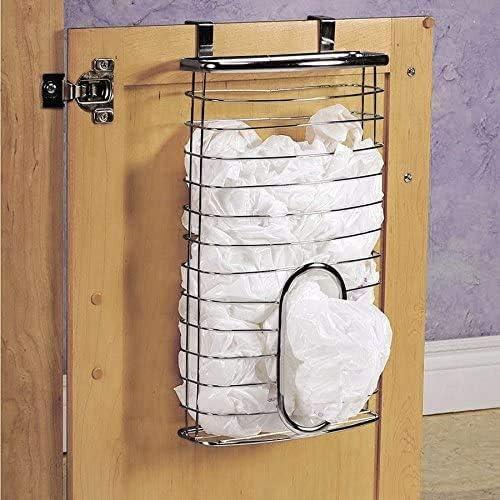 Over the Cabinet Basket Dispenser Door Grocery Plastic Bag Holder, Chrome