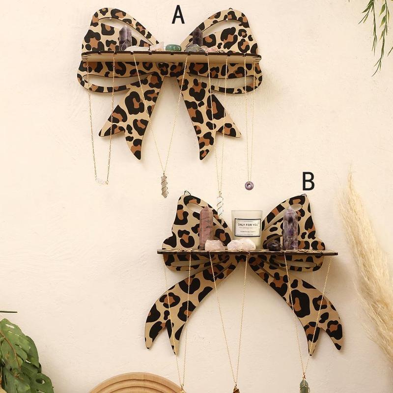 Wooden Bow Design Wall Hanging Jewelry Holder, 1 Count Leopard Print Wall Mounted Jewelry Display Rack, Home Decor for Bedroom, Living Room, Vanity