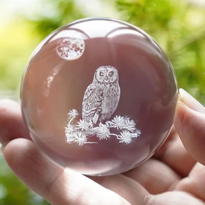 Owl Pattern Crystal Ball Ornament, 1 Count 3D Laser Glass Ball with Holder, Decorative Ball for Home Living Room Office, Gift for Friend