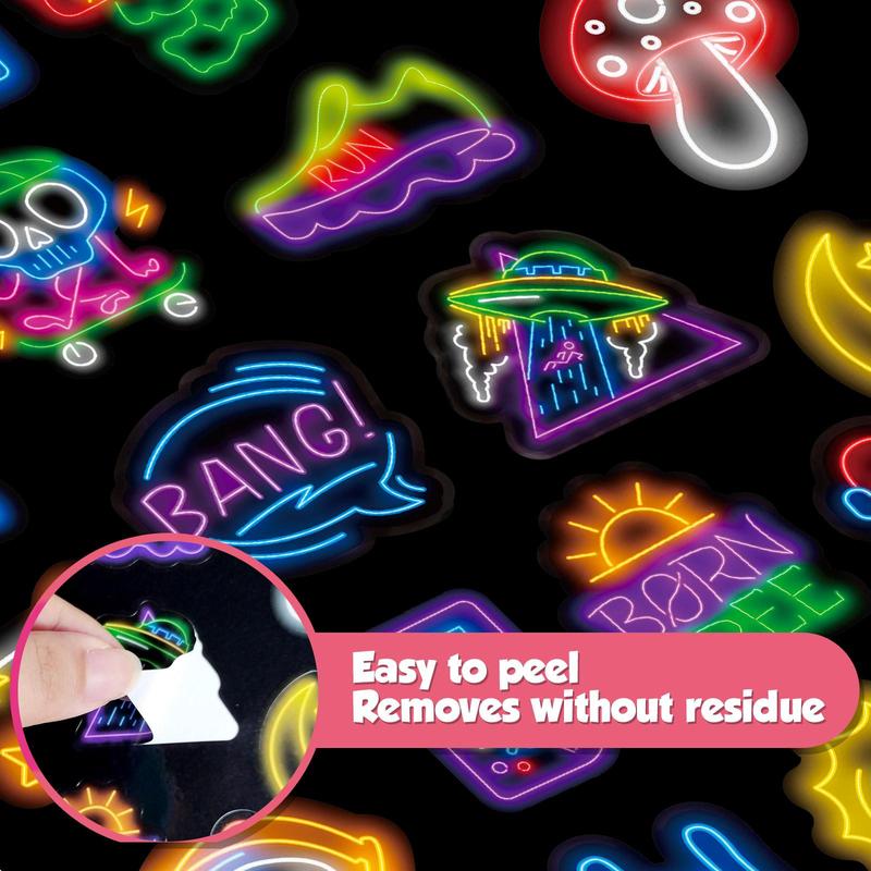 4 Sheets 100pcs Cartoon Neon Style Sticker, Glitter Self Adhesive Decor Paper, Decor Sticker for Gift Greeting Card Water Bottle Laptop Phone