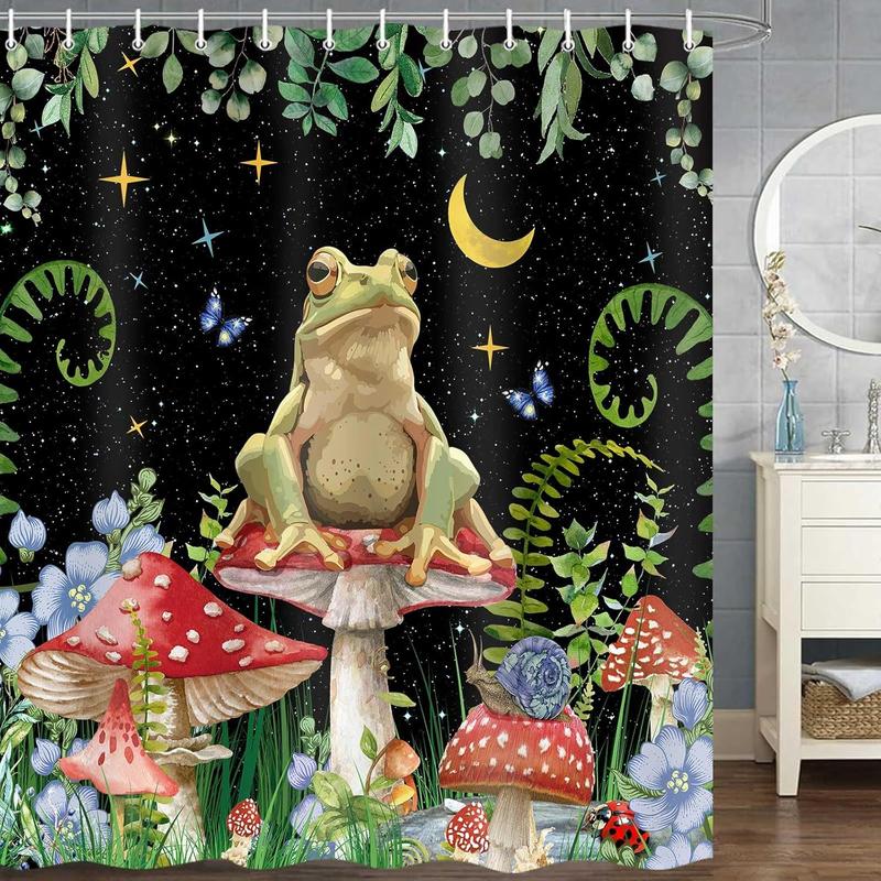 Mushroom Shower Curtain, Boho Moon Stars Aesthetic Floral Shower Curtains, Funny Frog Cottagecore Decor with Hooks - 69x70 inches Waterproof