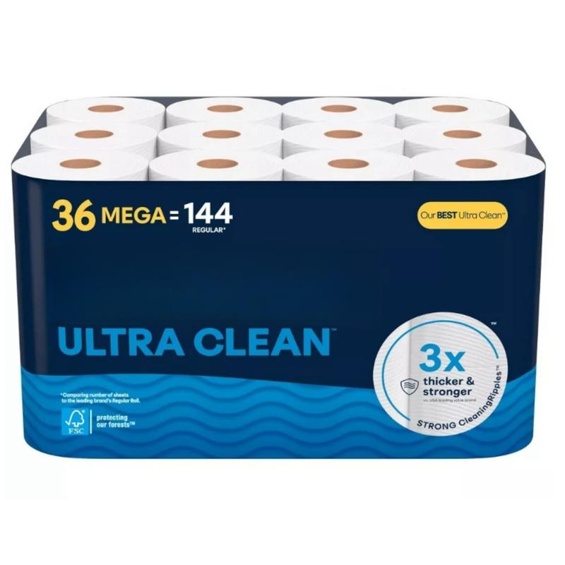 Ultra Clean Strong Toilet Paper with Active CleaningRipples Texture,Removes residue, Reduces odor, and is designed for sensitive skin, 36 Family Mega Rolls (36 Family Mega Rolls = 144 Regular Rolls) , 284 Sheets Per Roll, Packaging May Vary