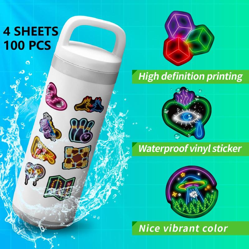 4 Sheets 100pcs Cartoon Neon Style Sticker, Glitter Self Adhesive Decor Paper, Decor Sticker for Gift Greeting Card Water Bottle Laptop Phone