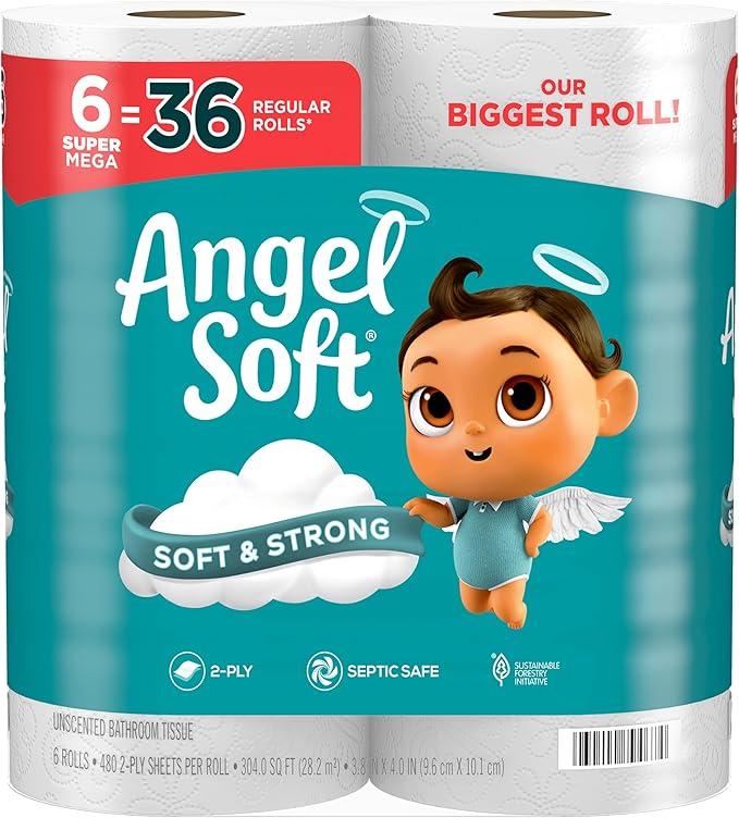 Angel Soft Toilet Paper, 6 Super Mega Rolls = 36 Regular Rolls, Soft and Strong Toilet Tissue Pack Sheets